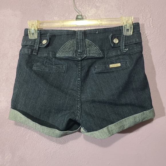 Pasión High Waisted Denim Shorts Rhinestone Button Fly‎ Cuffed Dark Wash 13 - Picture 4 of 8